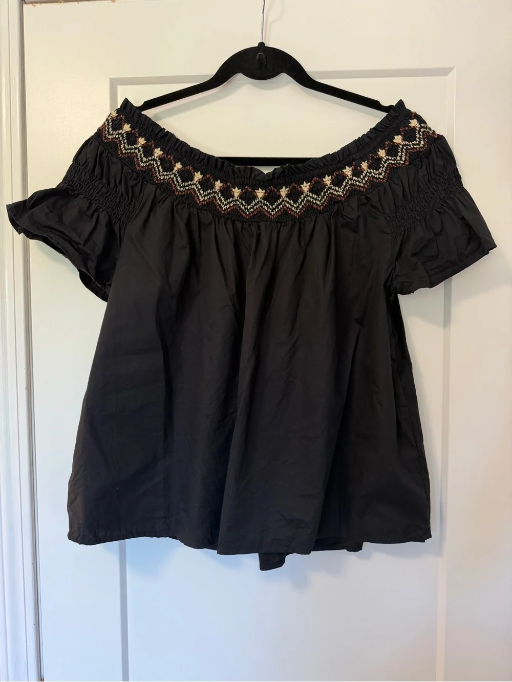 Old Navy Black Off-Shoulder Top with Multicolor Embroidered Yoke